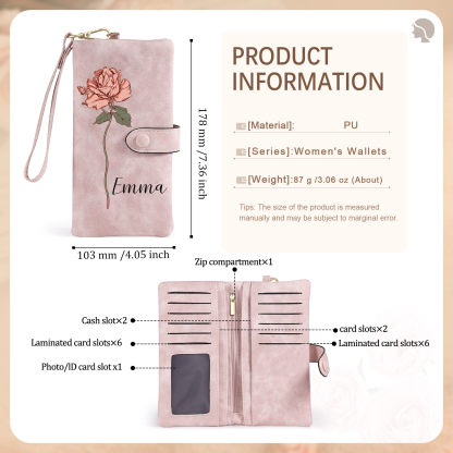 Personalized Women Wallet Custom Birth Flower Name Valentines Day Gift