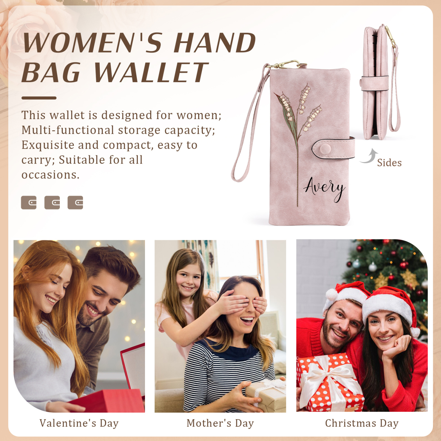 Personalized Women Wallet Custom Birth Flower Name Valentines Day Gift