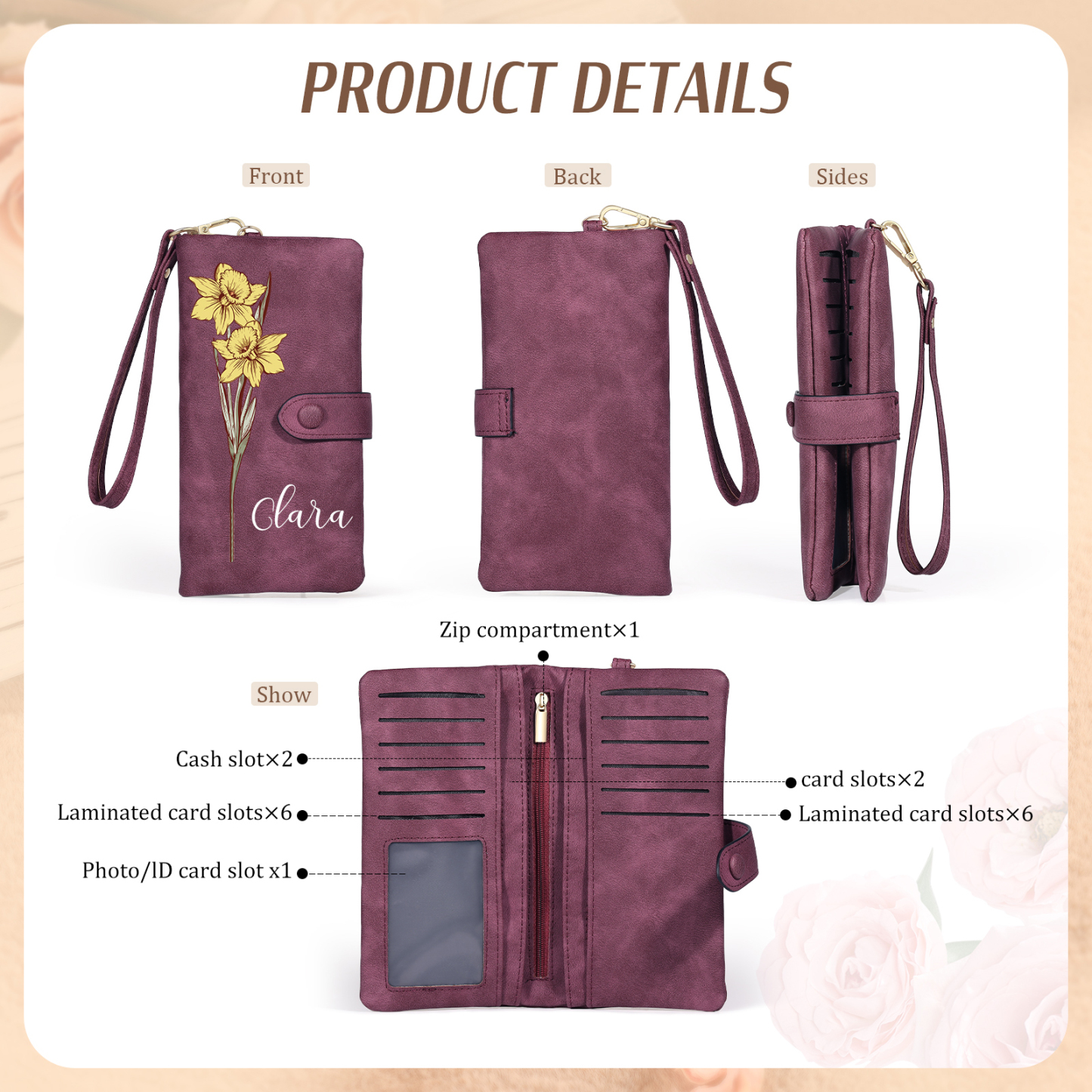 Personalized Women Wallet Custom Birth Flower Name Valentines Day Gift