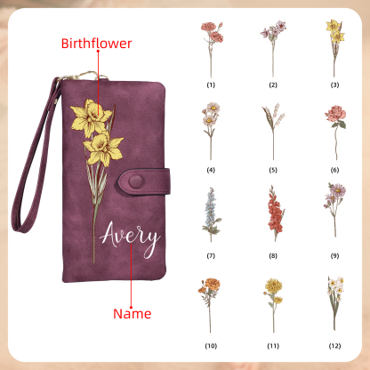 Personalized Women Wallet Custom Birth Flower Name Valentines Day Gift