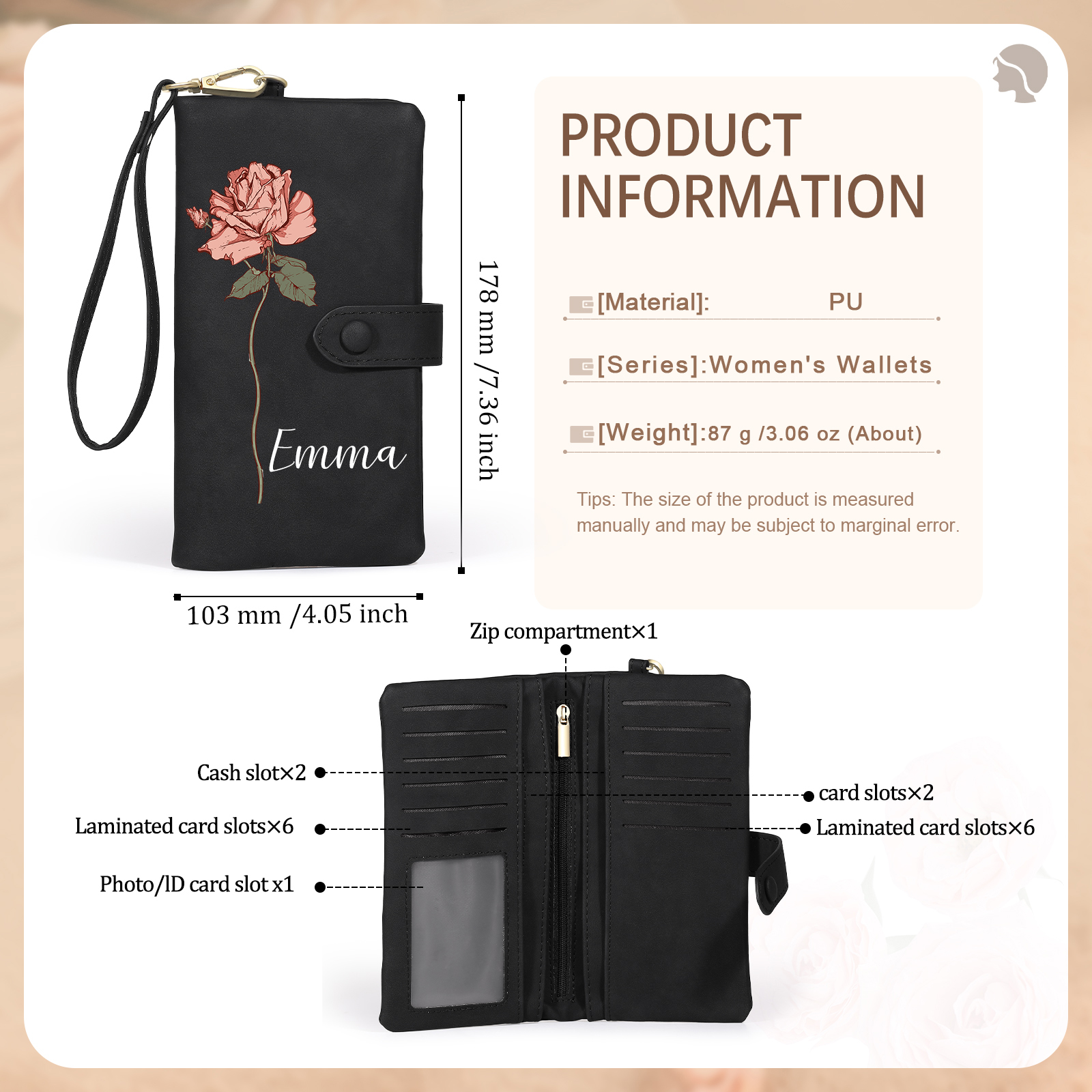 Personalized Women Wallet Custom Birth Flower Name Valentines Day Gift