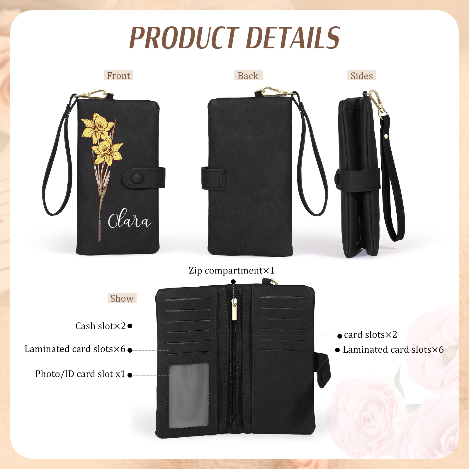 Personalized Women Wallet Custom Birth Flower Name Valentines Day Gift