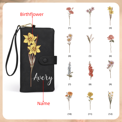 Personalized Women Wallet Custom Birth Flower Name Valentines Day Gift