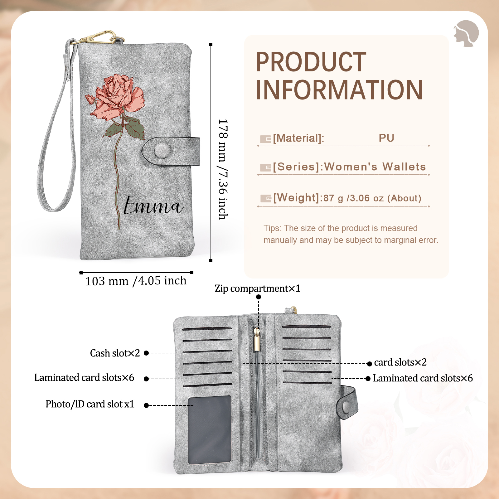 Personalized Women Wallet Custom Birth Flower Name Valentines Day Gift