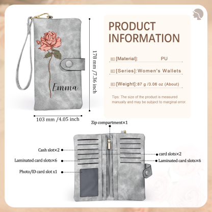 Personalized Women Wallet Custom Birth Flower Name Valentines Day Gift