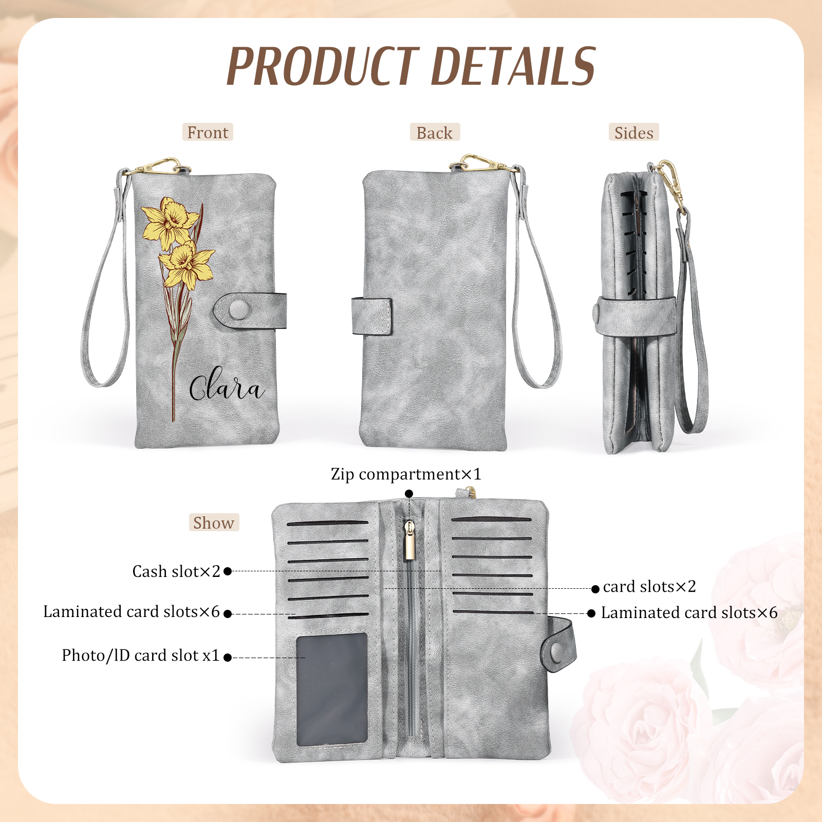 Personalized Women Wallet Custom Birth Flower Name Valentines Day Gift