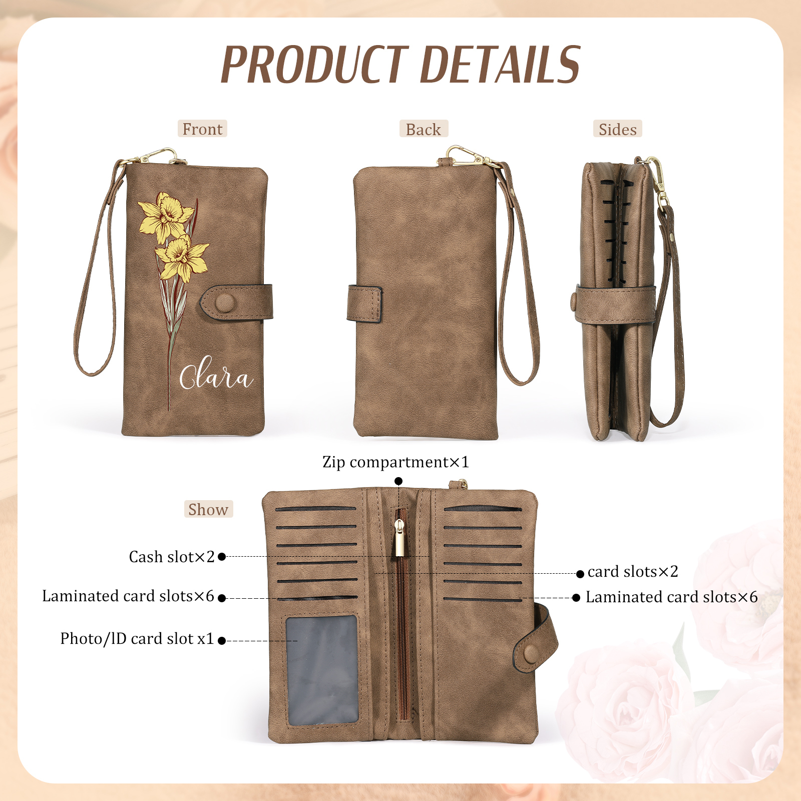 Personalized Women Wallet Custom Birth Flower Name Valentines Day Gift