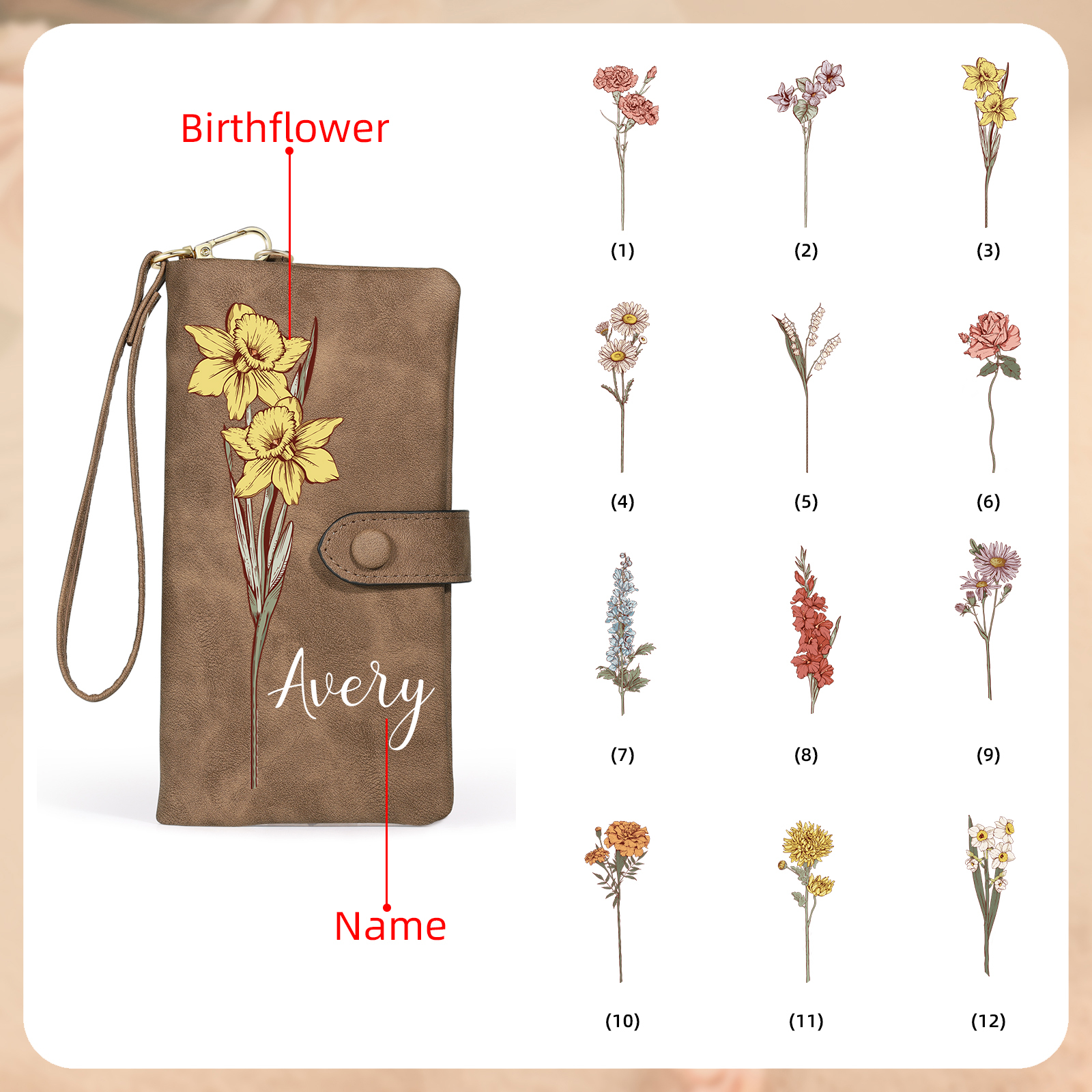 Personalized Women Wallet Custom Birth Flower Name Valentines Day Gift