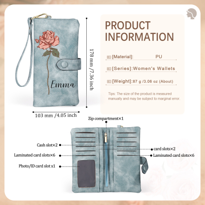 Personalized Women Wallet Custom Birth Flower Name Valentines Day Gift