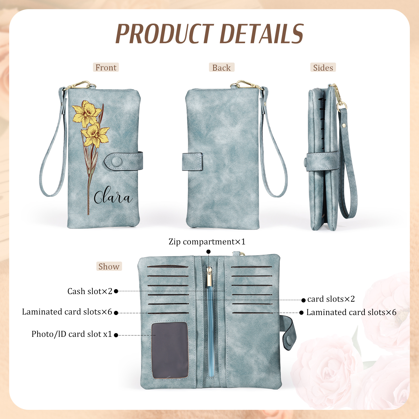 Personalized Women Wallet Custom Birth Flower Name Valentines Day Gift