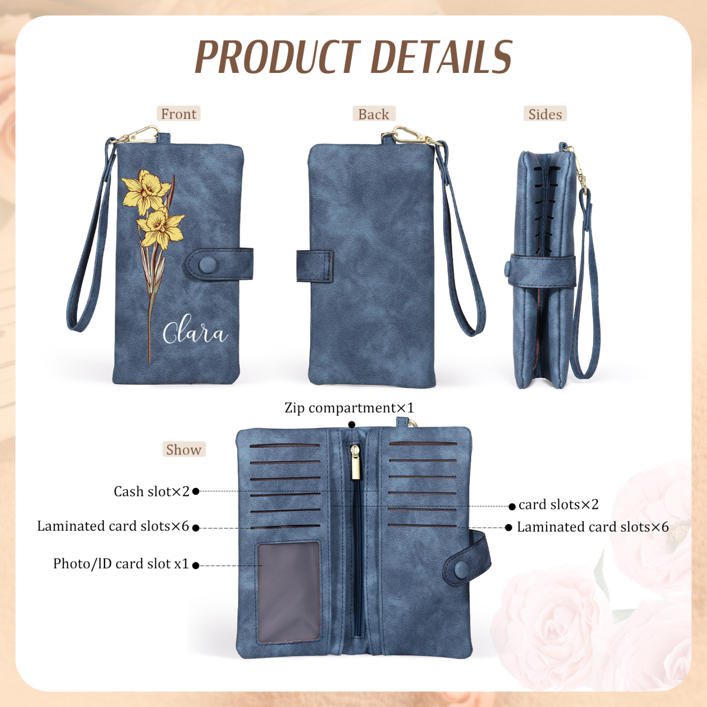 Personalized Women Wallet Custom Birth Flower Name Valentines Day Gift