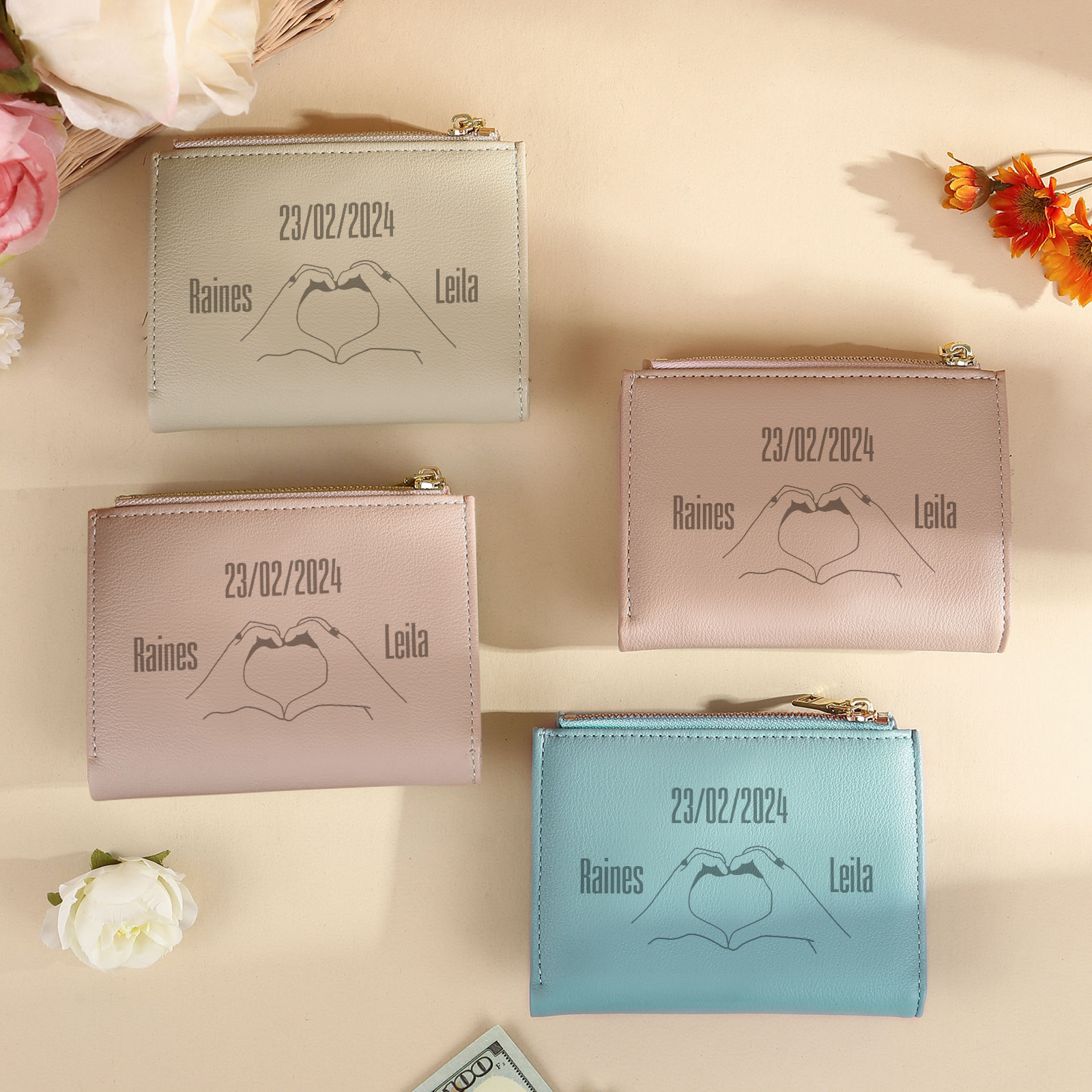 Personalized Women Wallet Custom Text Names Date Heart Hand Valentines Day Gift