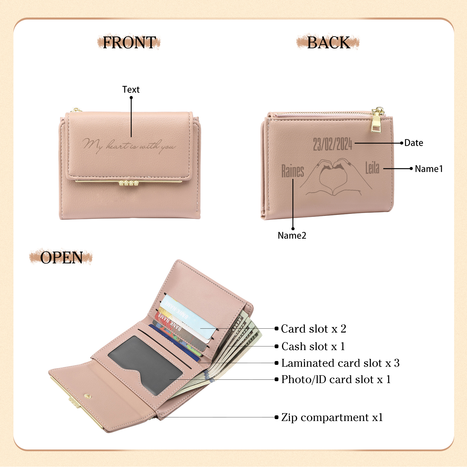 Personalized Women Wallet Custom Text Names Date Heart Hand Valentines Day Gift