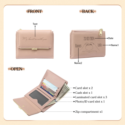 Personalized Women Wallet Custom Text Names Date Heart Hand Valentines Day Gift