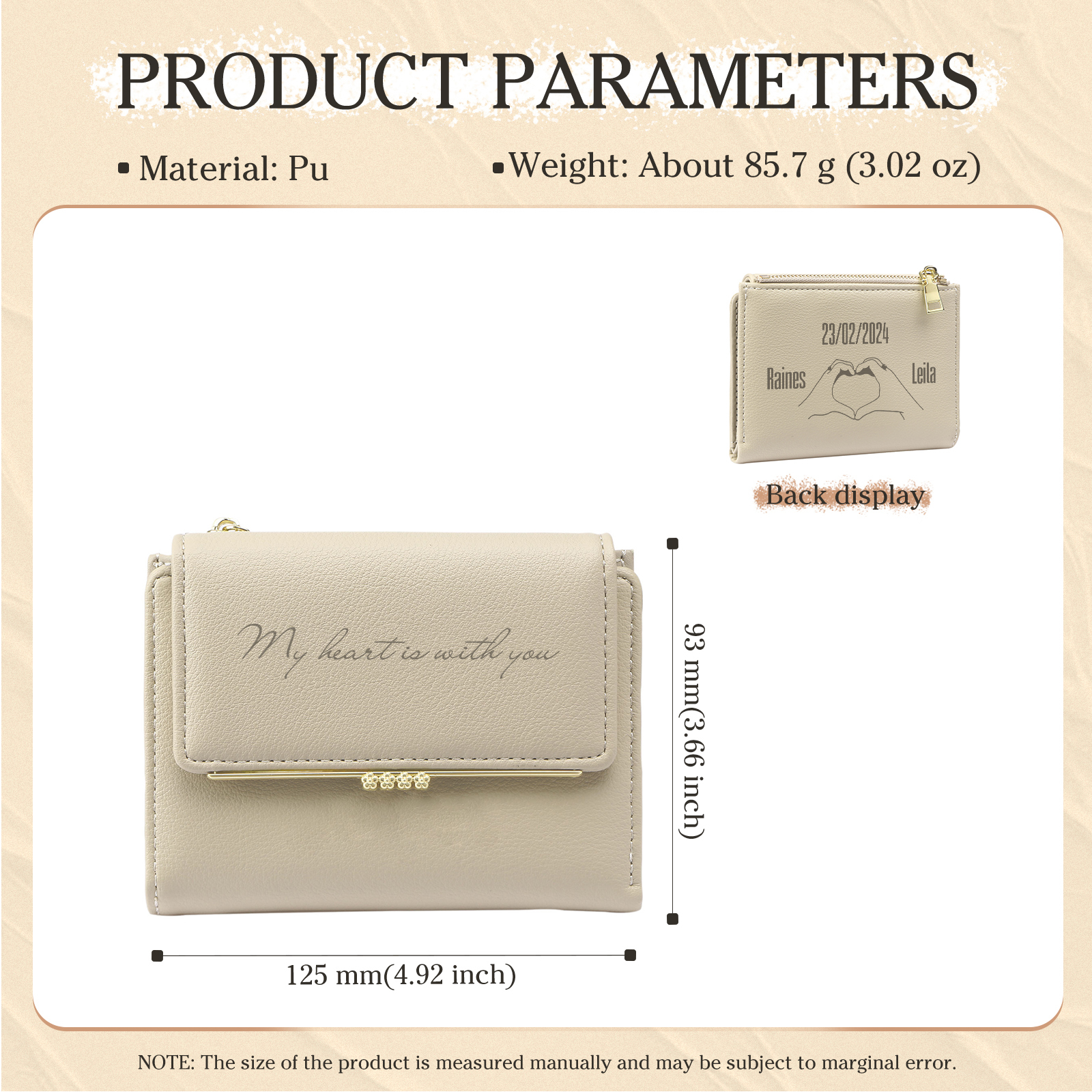 Personalized Women Wallet Custom Text Names Date Heart Hand Valentines Day Gift