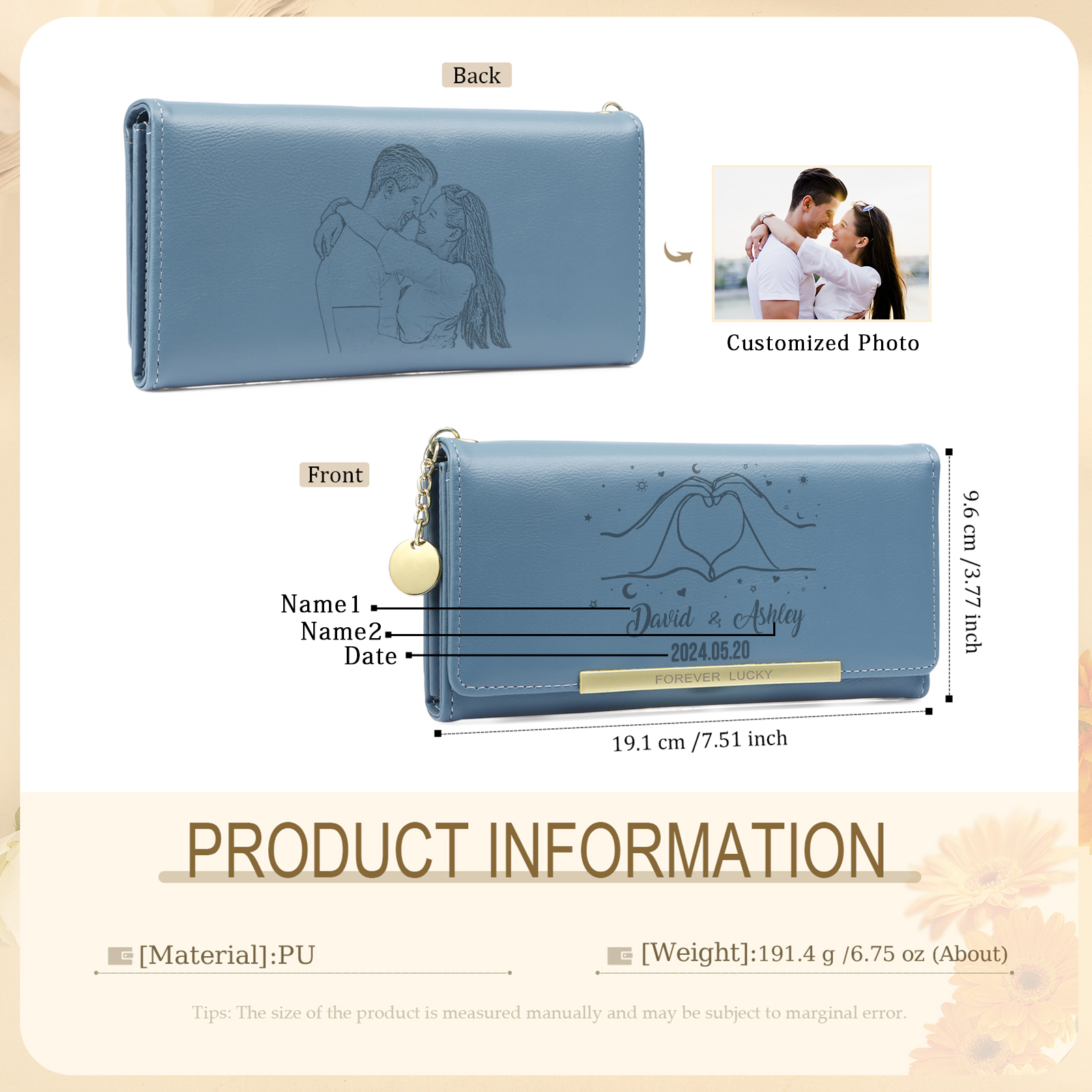 Personalized PU Leather Wallet Two Hands Make a Heart Women's Custom 1 Photo 2 Names 1Date Purse Gift for Her