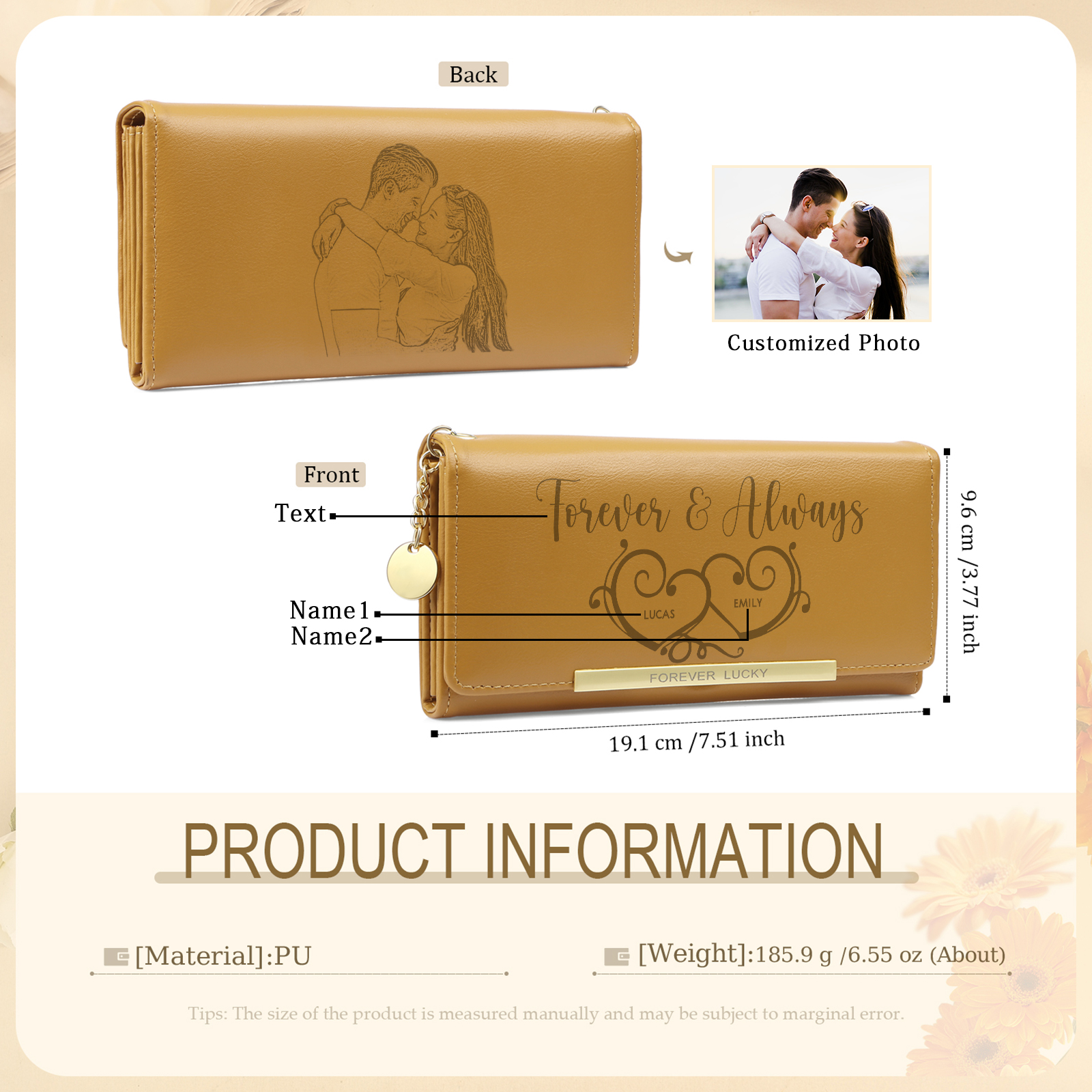 Personalized PU Leather Wallet Two Hearts Custom 1 Photo 2 Names 1 Text Womens Purse Gift for Her