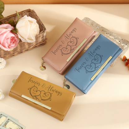 Personalized PU Leather Wallet Two Hearts Custom 1 Photo 2 Names 1 Text Womens Purse Gift for Her
