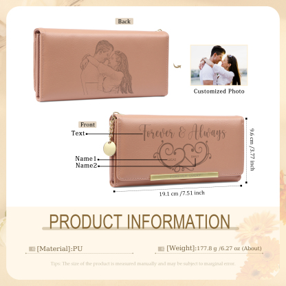 Personalized PU Leather Wallet Two Hearts Custom 1 Photo 2 Names 1 Text Womens Purse Gift for Her