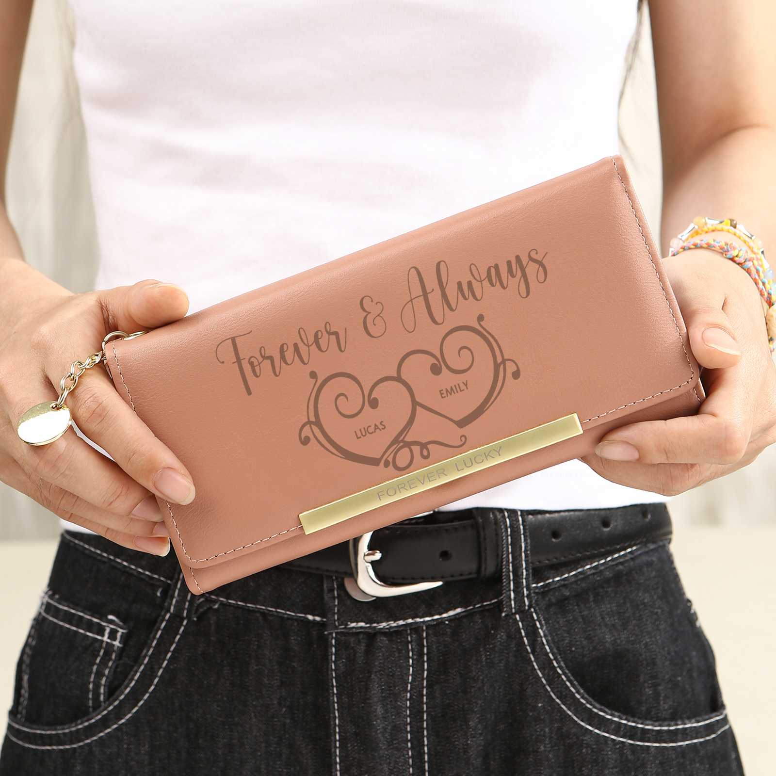 Personalized PU Leather Wallet Two Hearts Custom 1 Photo 2 Names 1 Text Womens Purse Gift for Her