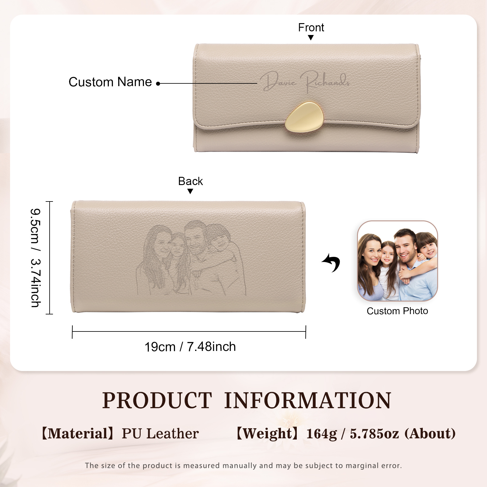 Personalised Leather Wallet Engraved Photo Long Wallet Folding Wallet With Gift Box For  Women
