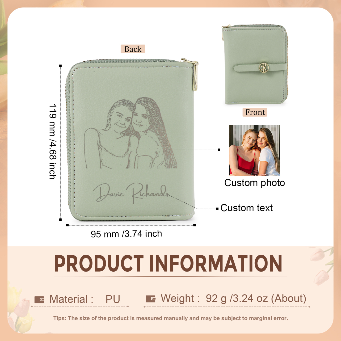 personalized Leather Wallet Engraved Photo Short Wallet, Custom Text Folding Wallet Gifts For Her | Jessemade