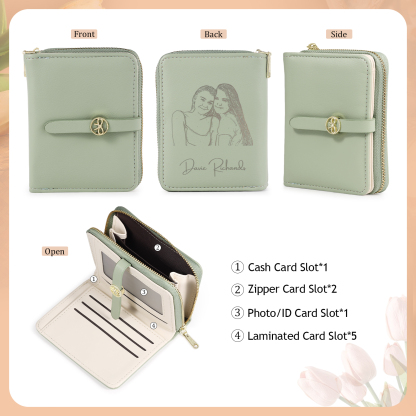 personalized Leather Wallet Engraved Photo Short Wallet, Custom Text Folding Wallet Gifts For Her | Jessemade