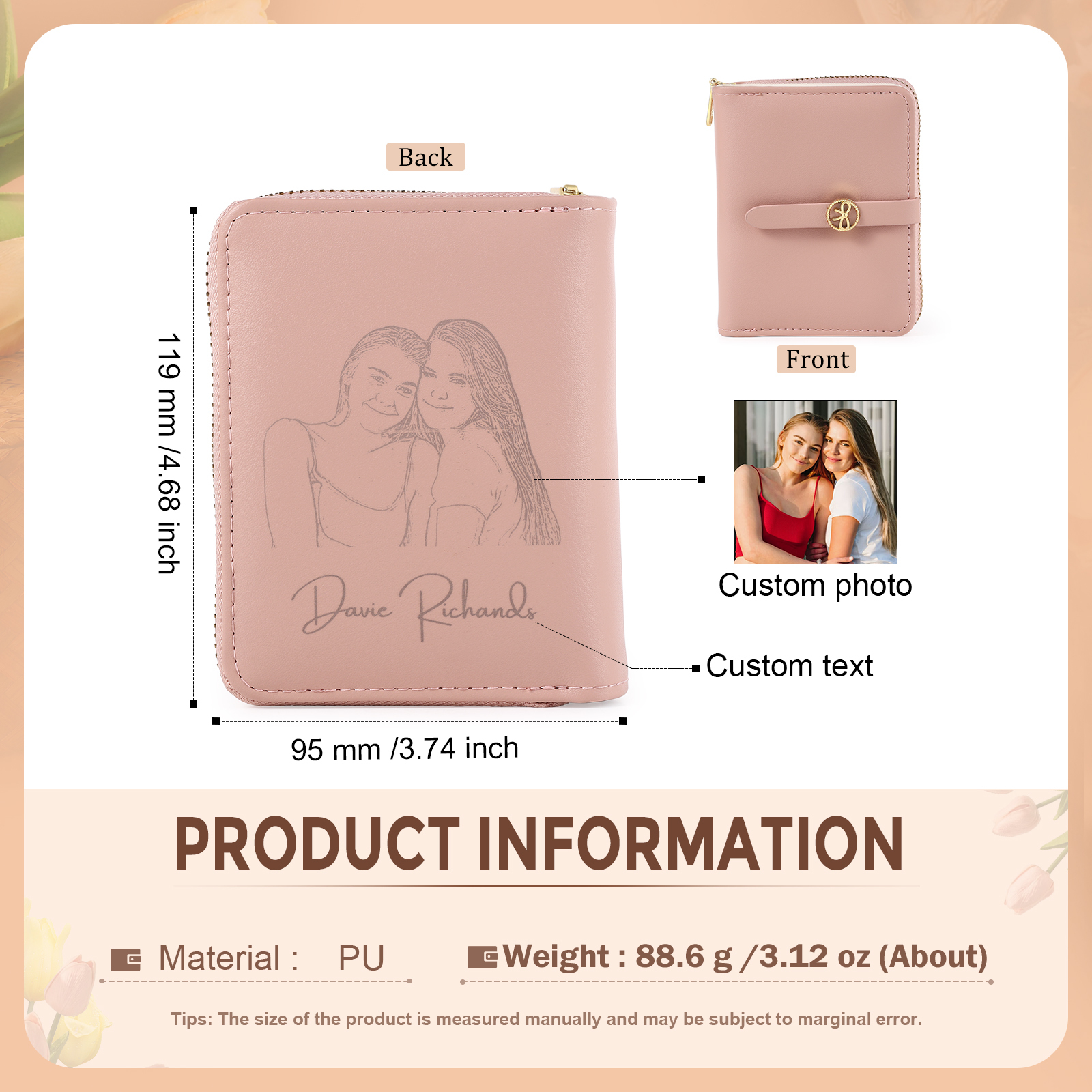 personalized Leather Wallet Engraved Photo Short Wallet, Custom Text Folding Wallet Gifts For Her | Jessemade