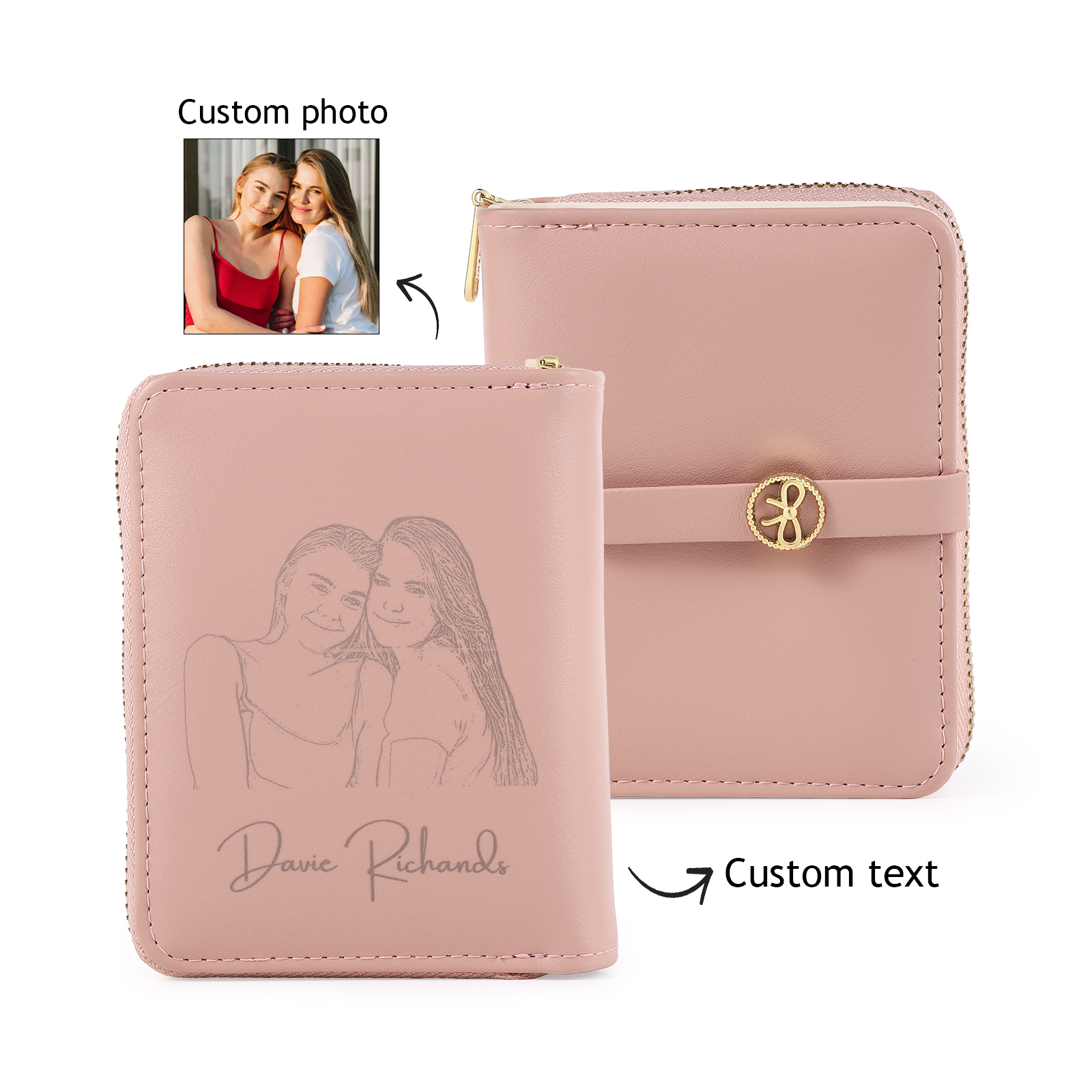 personalized Leather Wallet Engraved Photo Short Wallet, Custom Text Folding Wallet Gifts For Her | Jessemade