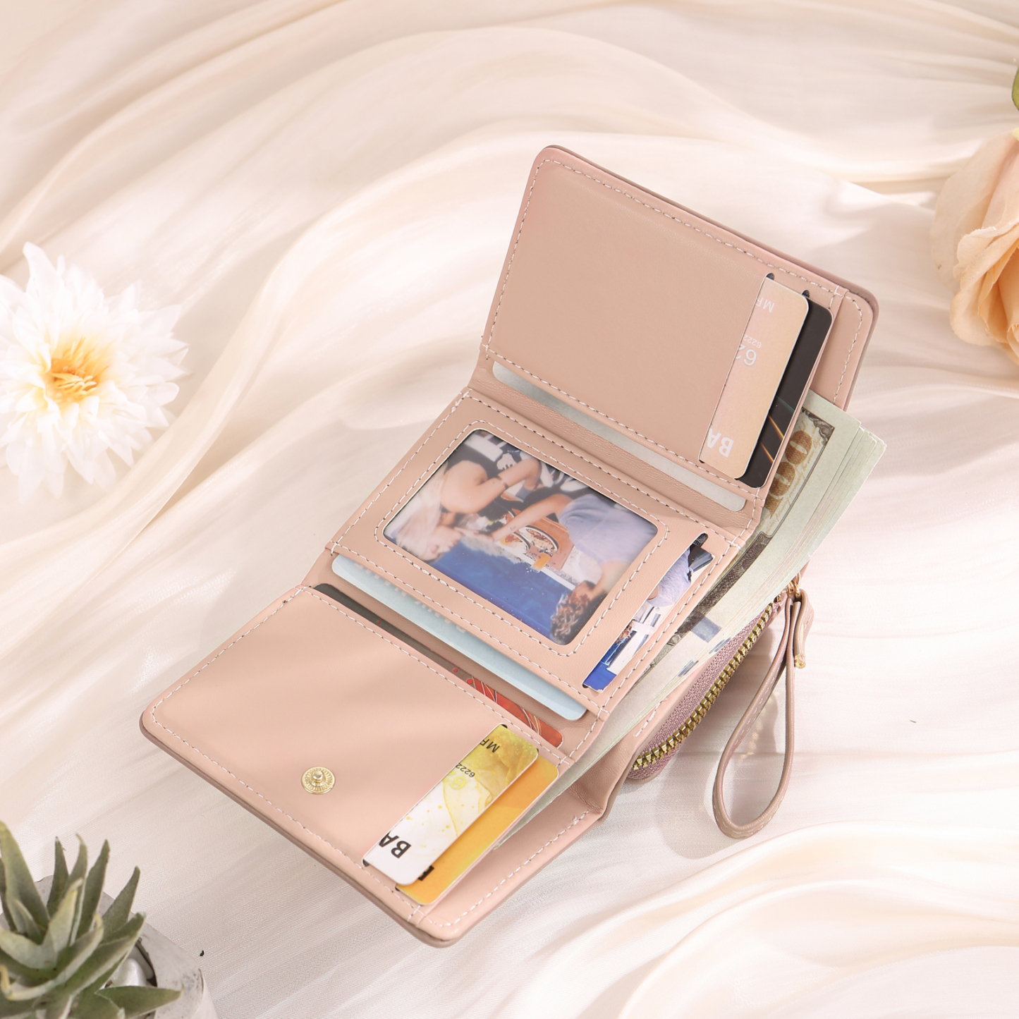 personalized PU Leather Short Wallet, Engrave Photo Folding Wallet Gifts For Her | Jessemade