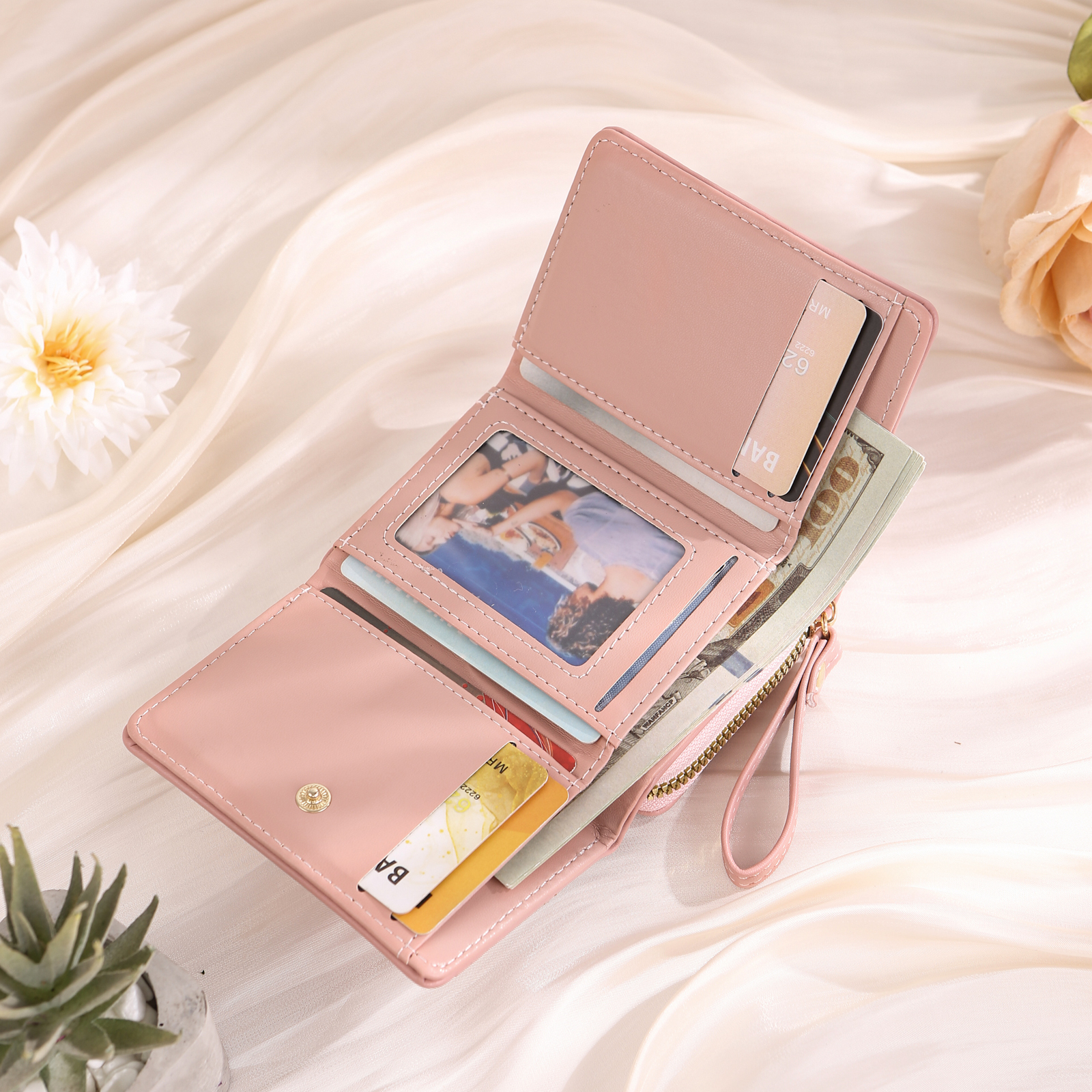 personalized PU Leather Short Wallet, Engrave Photo Folding Wallet Gifts For Her | Jessemade