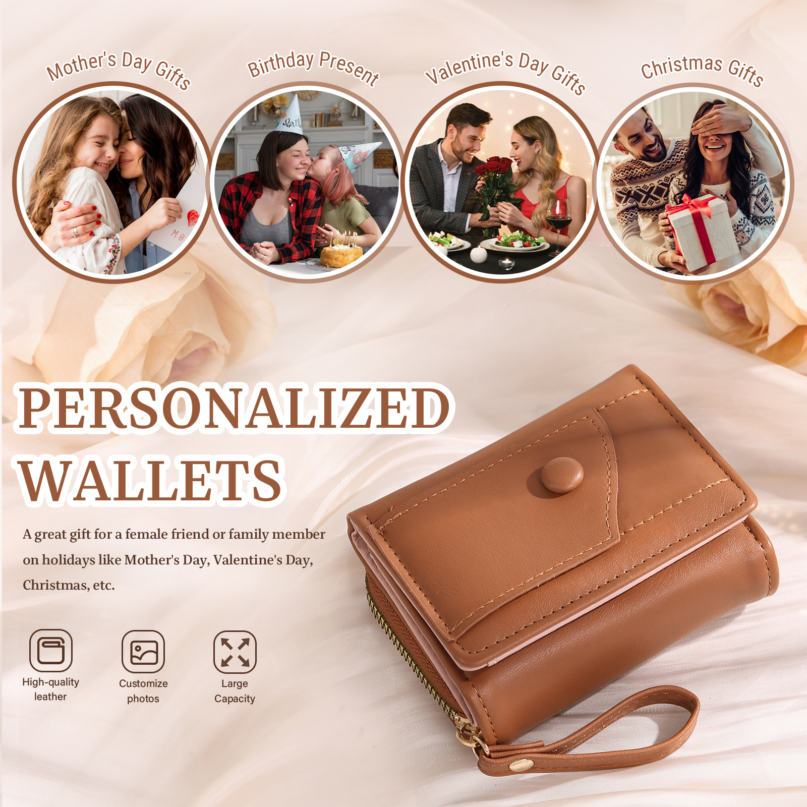 personalized PU Leather Short Wallet, Engrave Photo Folding Wallet Gifts For Her | Jessemade