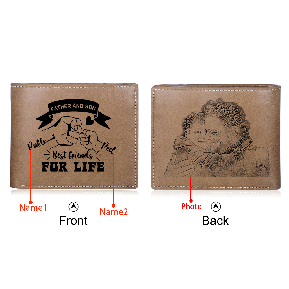 Personalised Photo & 2 Names Leather Wallet, Engraved Best Friends For Life Short Folding Wallet Gift For Dad | Jessemade