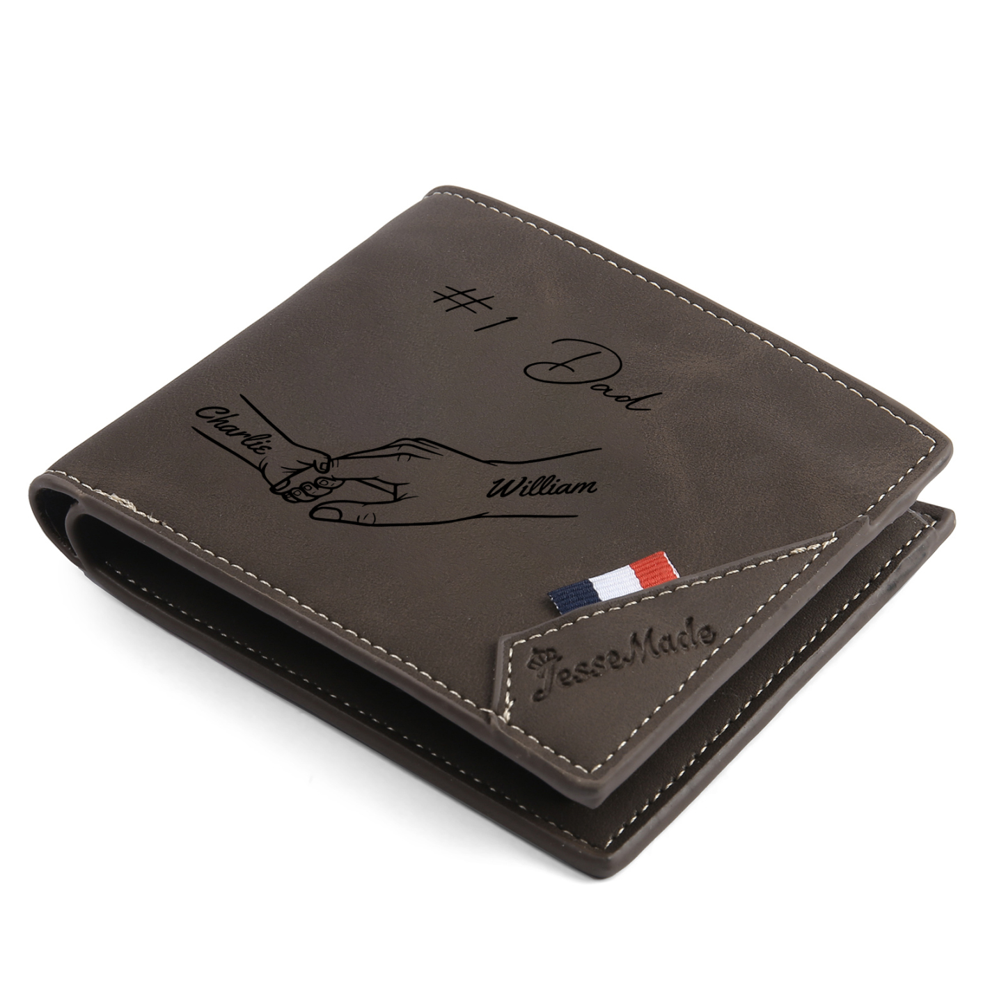 Personalised Leather Wallet, Engraved Photo & 2 Names Short Wallet Custom Folding Wallet Gift For Dad | Jessemade