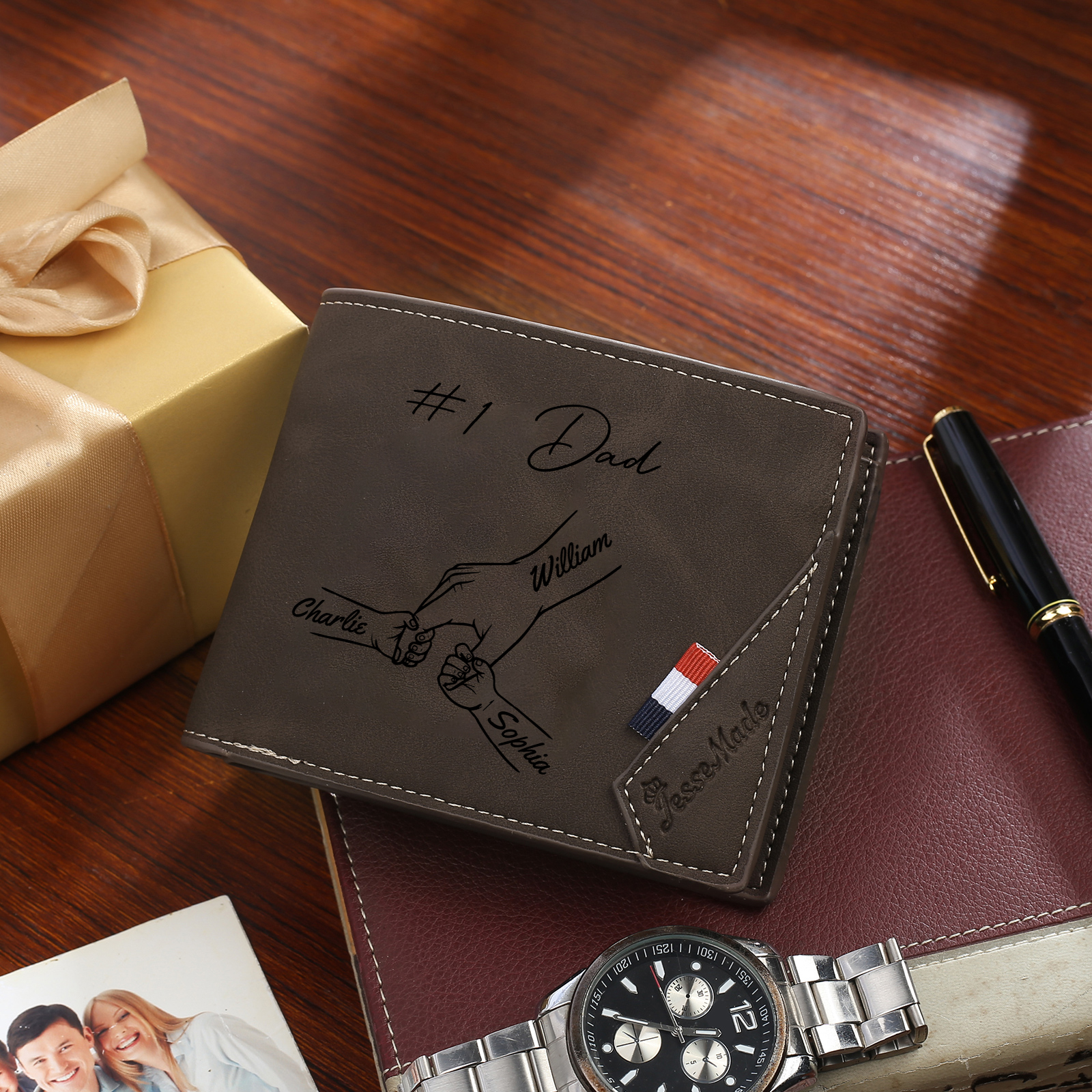 Personalised Leather Wallet, Engraved Photo & 3 Names Short Wallet Custom Folding Wallet Gift For Dad | Jessemade