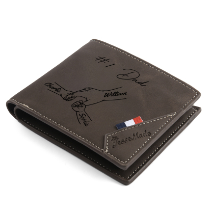 Personalised Leather Wallet, Engraved Photo & 3 Names Short Wallet Custom Folding Wallet Gift For Dad | Jessemade