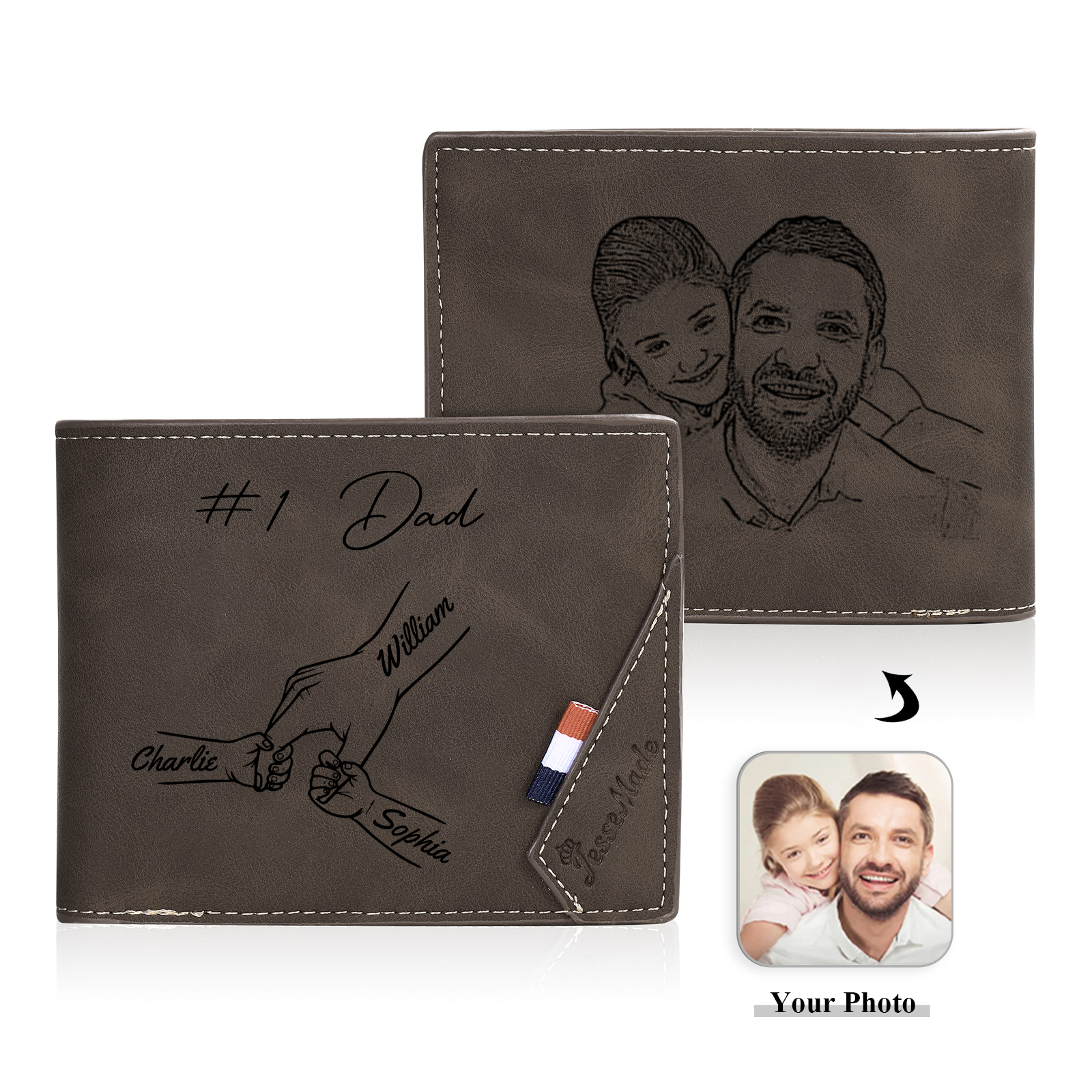 Personalised Leather Wallet, Engraved Photo & 3 Names Short Wallet Custom Folding Wallet Gift For Dad | Jessemade