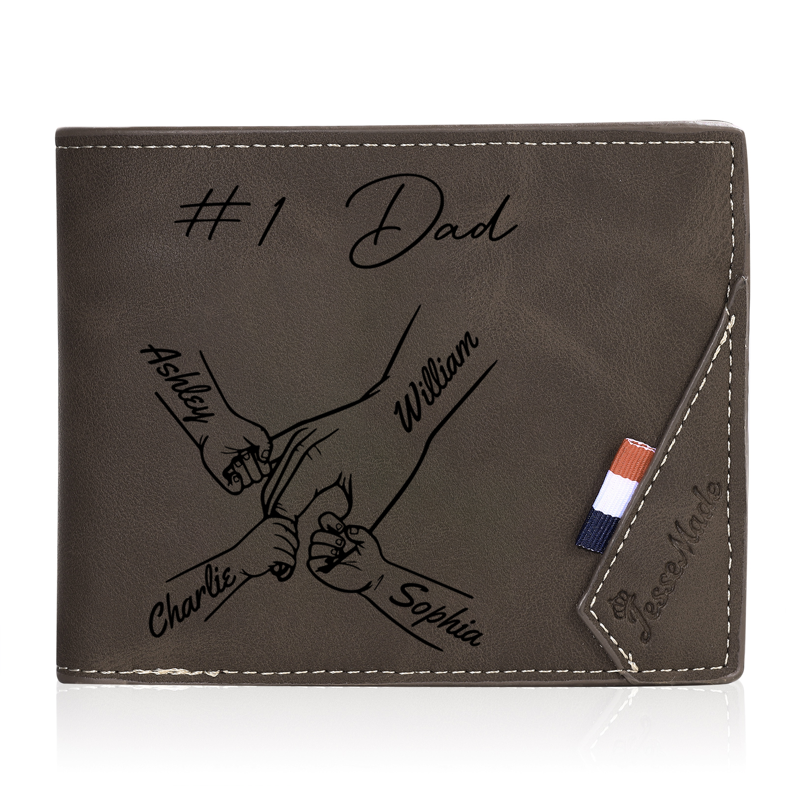 Personalised Leather Wallet, Engraved Photo & 4 Names Short Wallet Custom Folding Wallet Gift For Dad | Jessemade