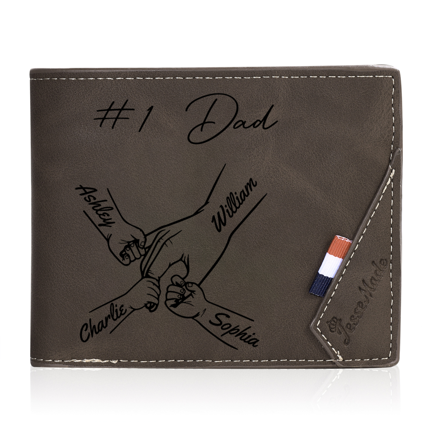 Personalised Leather Wallet, Engraved Photo & 4 Names Short Wallet Custom Folding Wallet Gift For Dad | Jessemade