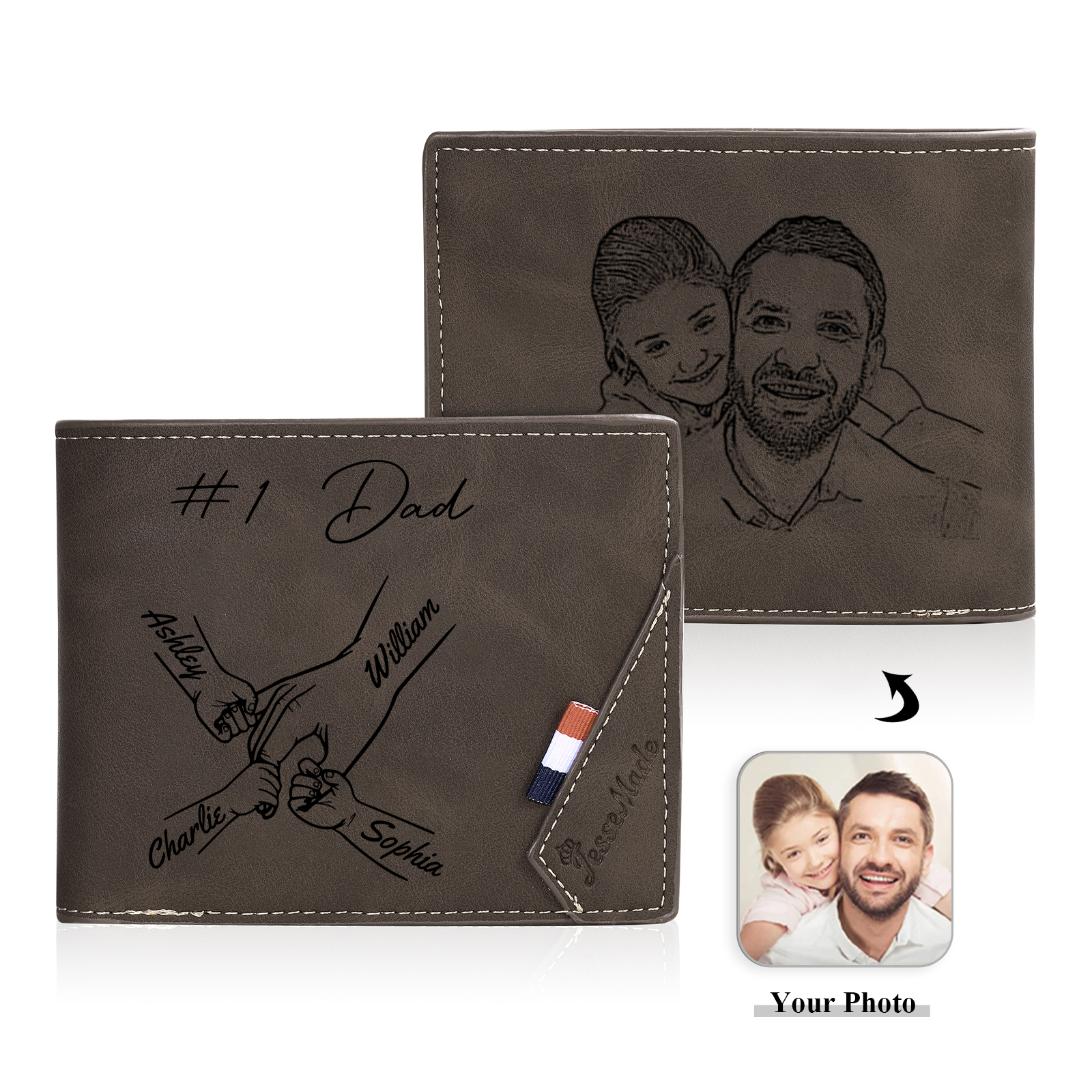 Personalised Leather Wallet, Engraved Photo & 4 Names Short Wallet Custom Folding Wallet Gift For Dad | Jessemade