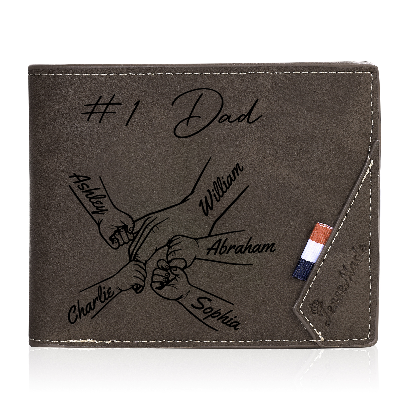 Personalised Leather Wallet, Engraved Photo & 5 Names Short Wallet Custom Folding Wallet Gift For Dad | Jessemade