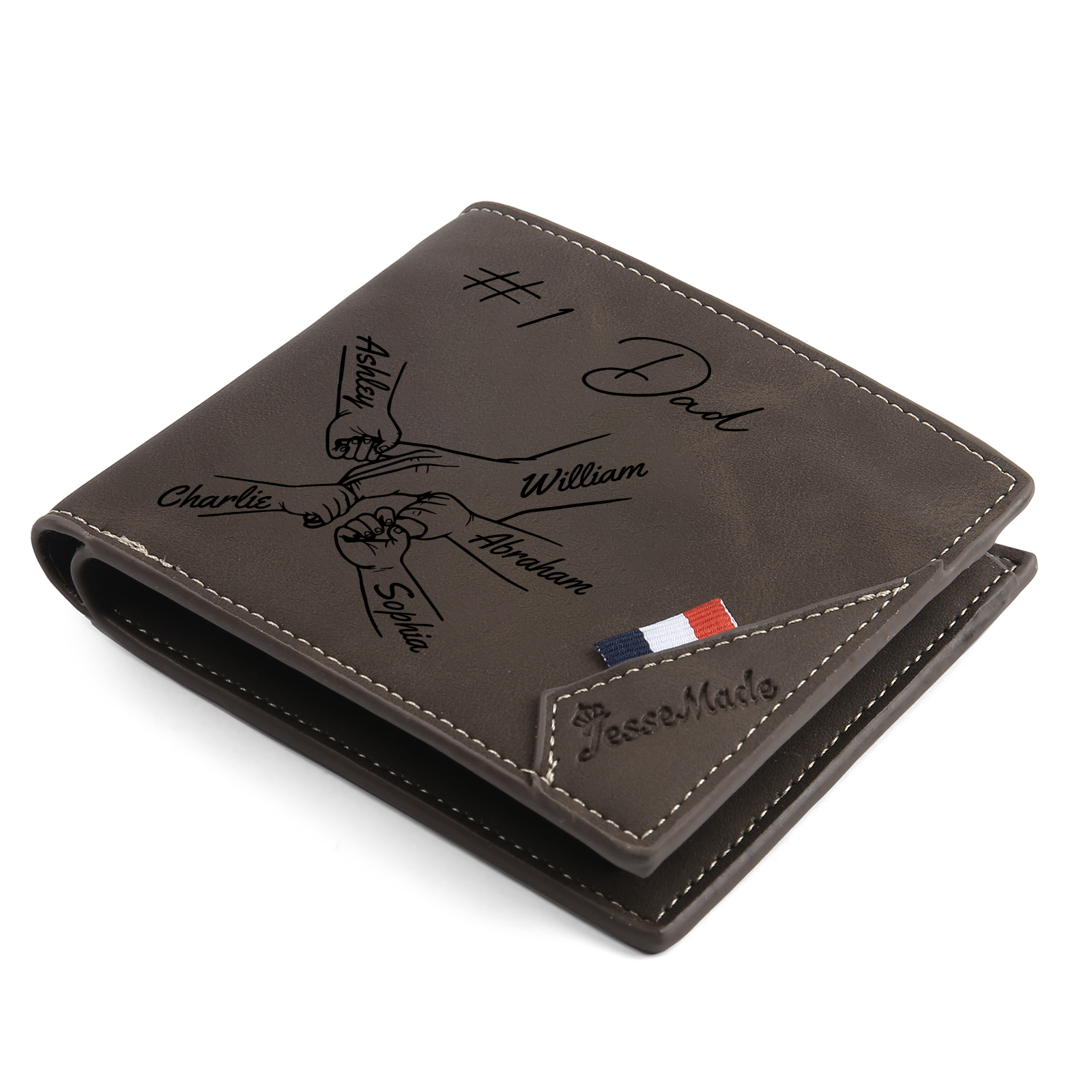 Personalised Leather Wallet, Engraved Photo & 5 Names Short Wallet Custom Folding Wallet Gift For Dad | Jessemade