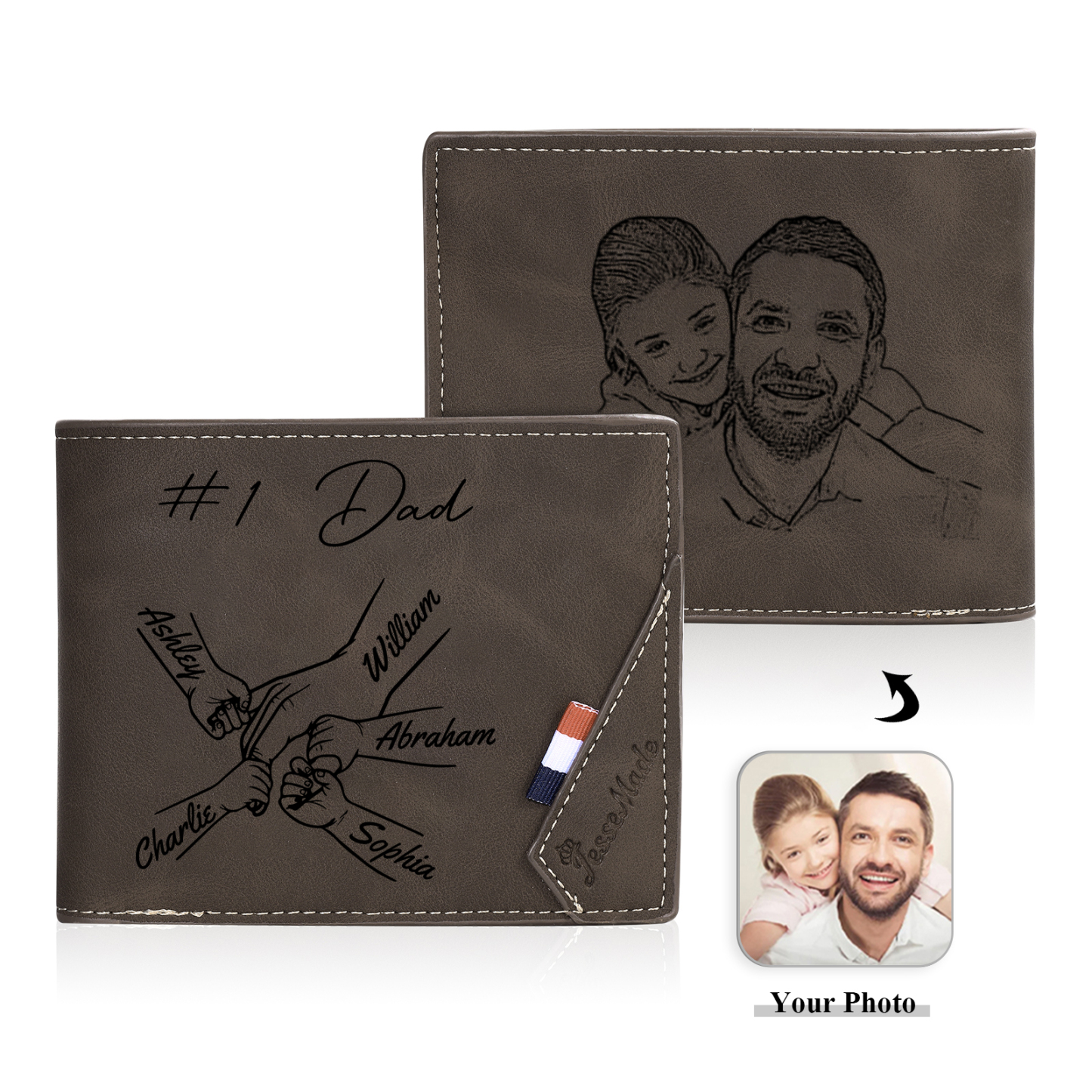 Personalised Leather Wallet, Engraved Photo & 5 Names Short Wallet Custom Folding Wallet Gift For Dad | Jessemade