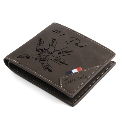 Personalised Leather Wallet, Engraved Photo & 6 Names Short Wallet Custom Folding Wallet Gift For Dad | Jessemade