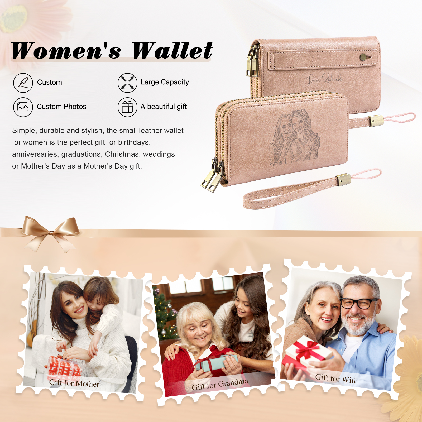 Personalized Women’s Wallet with Custom 1 Photo and 1 Text - "You Make My Heart Smile" Design, Valentine’s Day Gift for Her | Jessemade