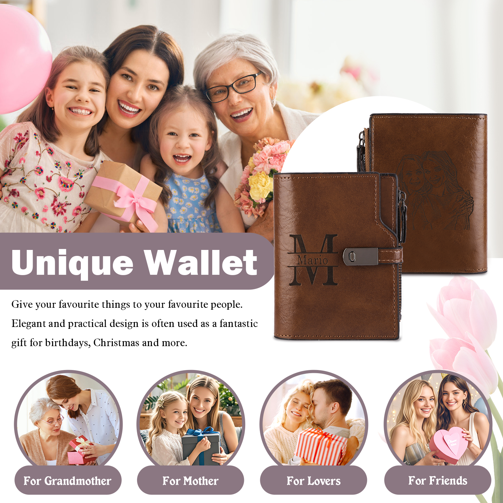 Personalized PU Leather Wallet with Photo & Name Engraving for Women | Lorajewel
