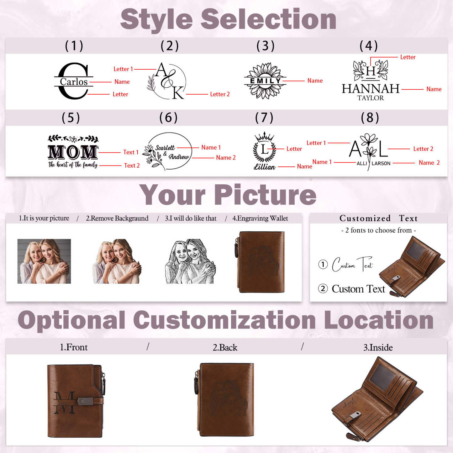 Personalized PU Leather Wallet with Photo & Name Engraving for Women | Lorajewel