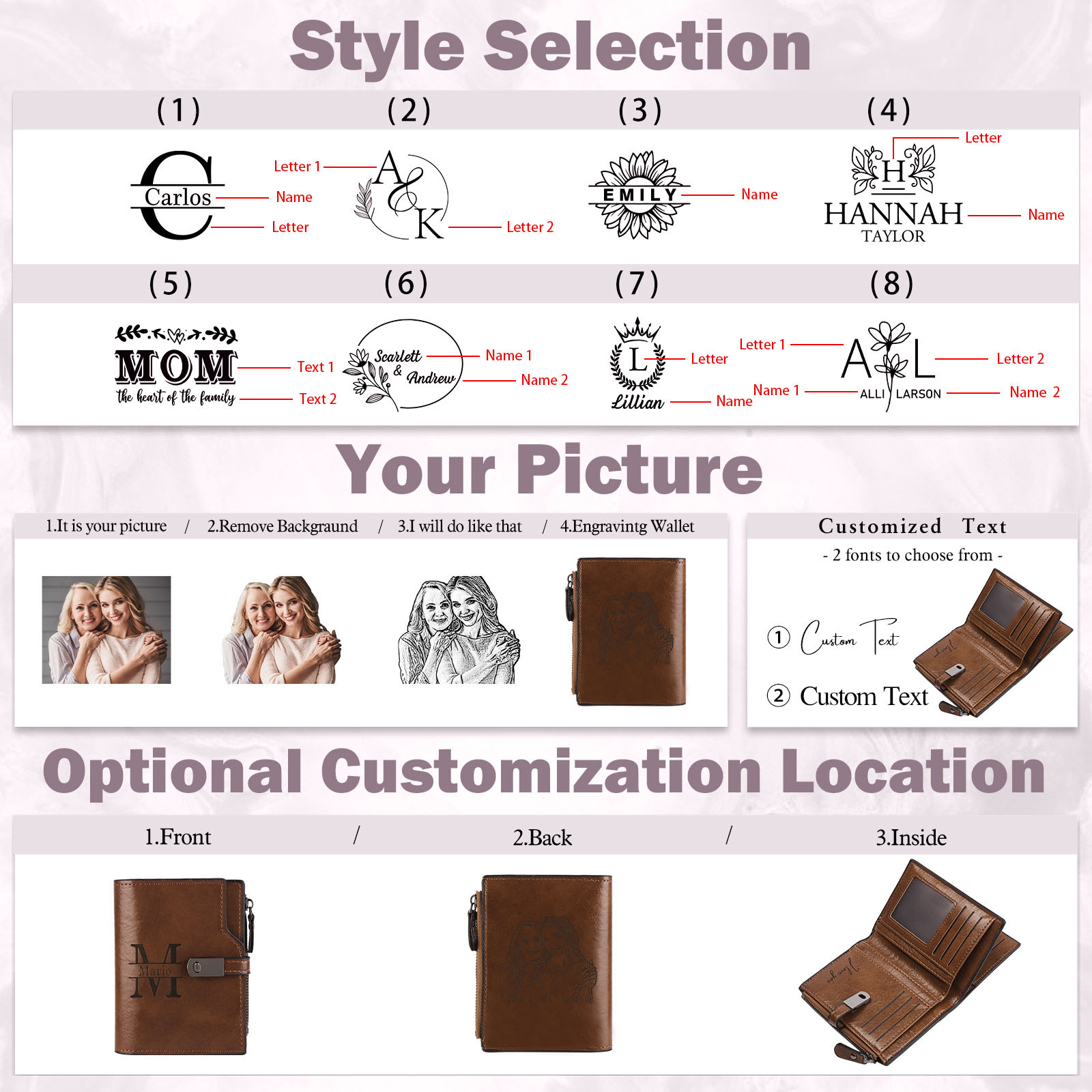 Personalized PU Leather Wallet with Photo & Name Engraving for Women | Lorajewel