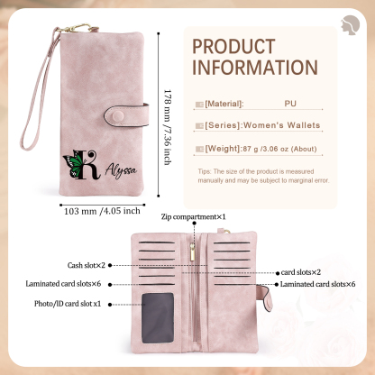 Personalised Name & Initial PU Leather Purse, Custom Long Wallet Gift For Her | Jessemade