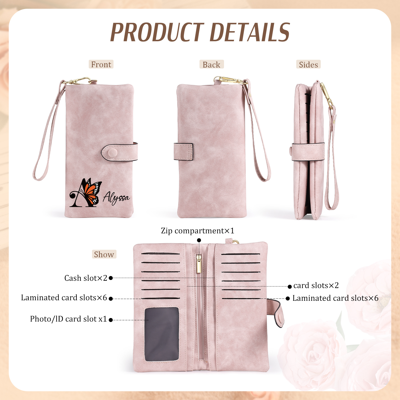 Personalised Name & Initial PU Leather Purse, Custom Long Wallet Gift For Her | Jessemade